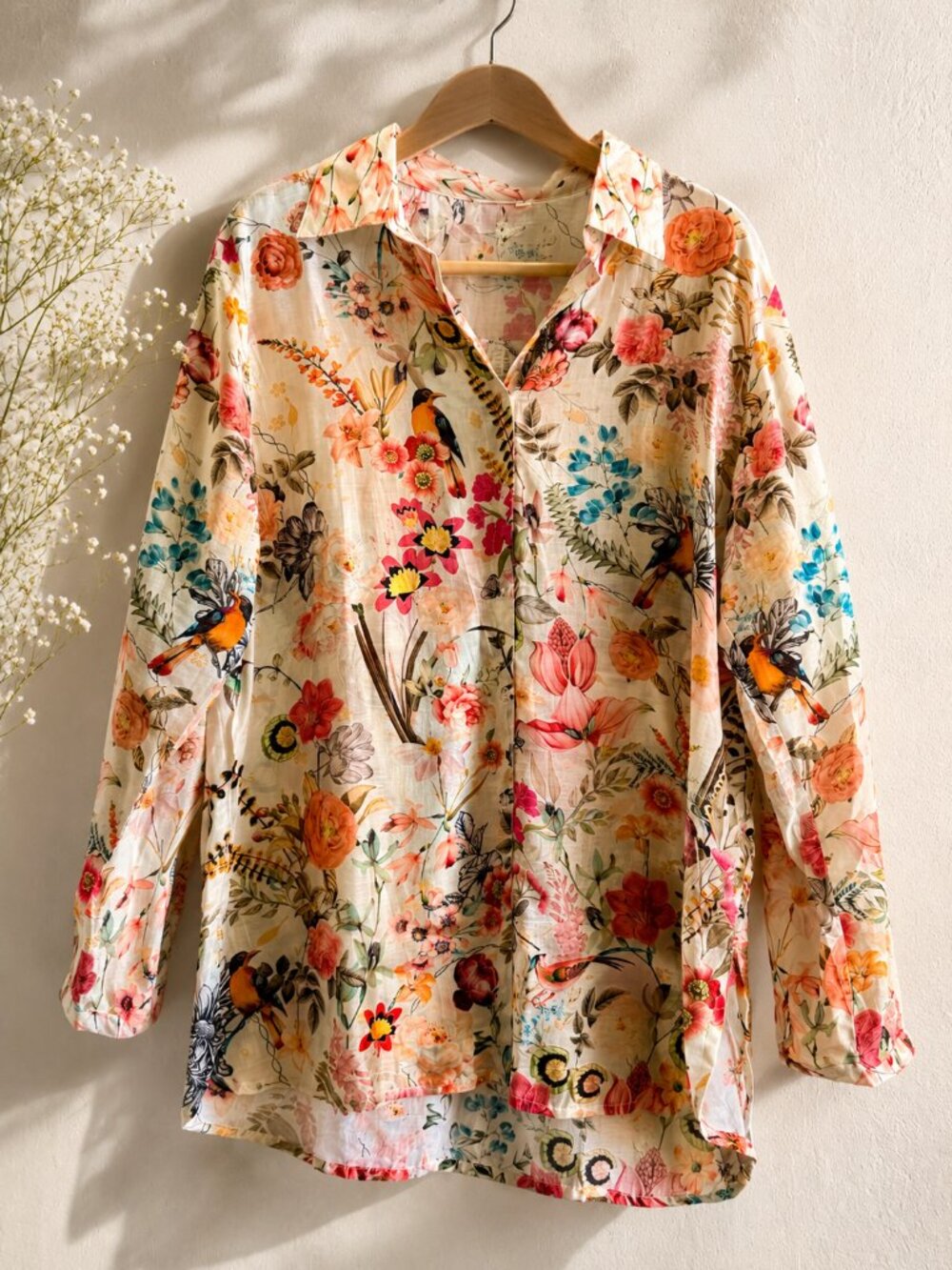 Floral Bird Print Long-Sleeve Blouse - Cream